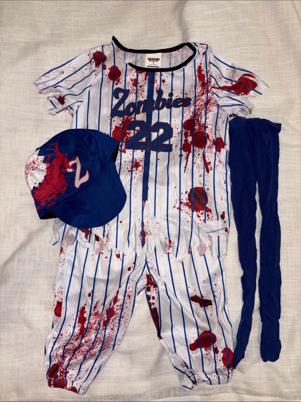 Kids Baseball Zombie Costume - Blue & White Striped Jersey with Cap